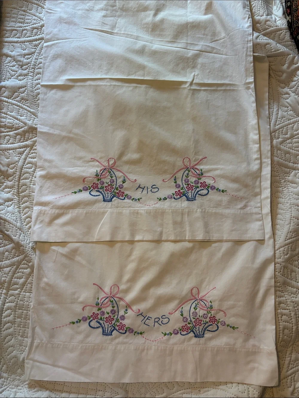 White Embroidered 'His & Hers' Pillowcase Set with Floral Baskets